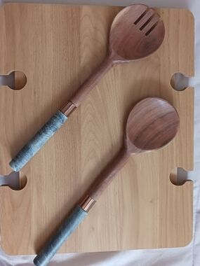 MACYS Acacia Wood LARGE Salad Serving Spoons Wrapped In Rose Gold/Stone Handles